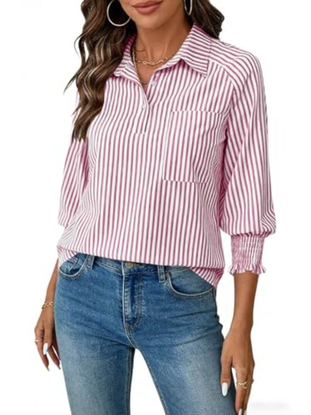 🆕 Button Down Shirts for Women Oversized Striped Long Sleeve Collared V Neck - Picture 4 of 6